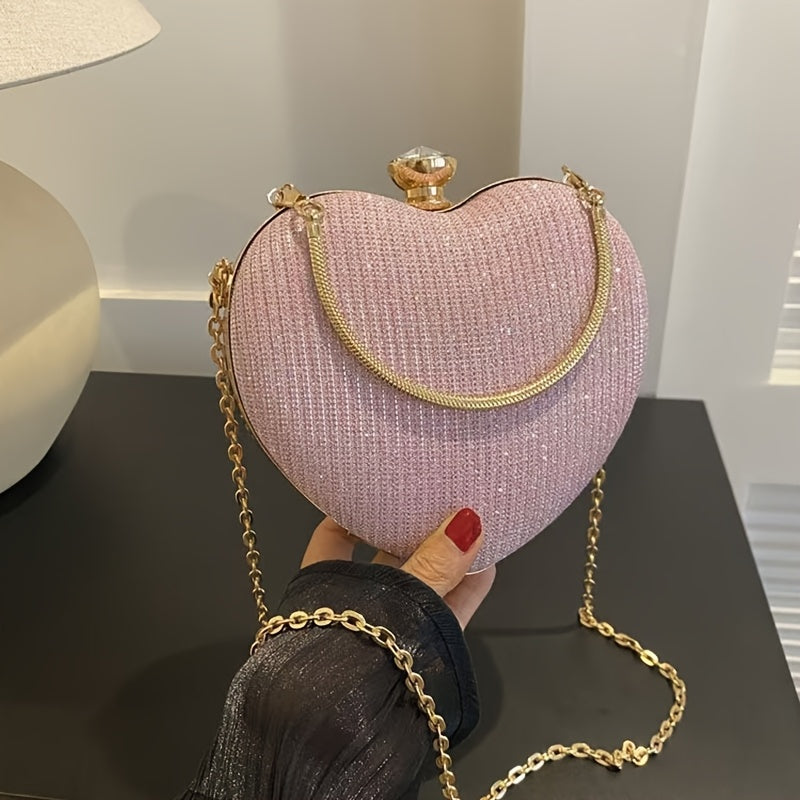 Ladies Fashion Shining Chain Crossbody Bag, Elegant Shoulder Heart Shaped, Metal Embellished, Black, with Buckle Closure, for Party, Wedding, Date